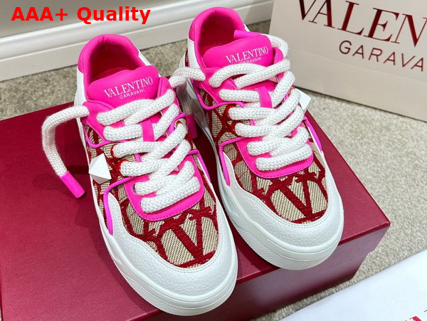 Valentino One Stud XL Low Top Sneaker in Nappa Leather and Toile Iconographe Fabric Beige and Red Replica