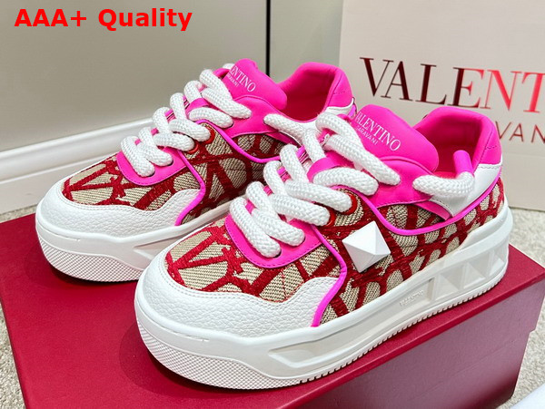 Valentino One Stud XL Low Top Sneaker in Nappa Leather and Toile Iconographe Fabric Beige and Red Replica