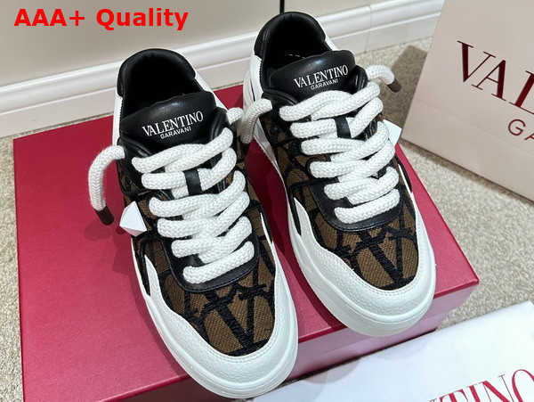 Valentino One Stud XL Low Top Sneaker in Nappa Leather and Toile Iconographe Fabric Fondant Replica