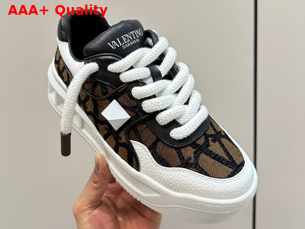 Valentino One Stud XL Low Top Sneaker in Nappa Leather and Toile Iconographe Fabric Fondant Replica