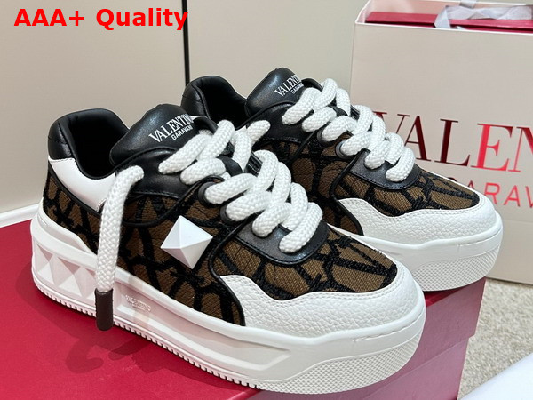 Valentino One Stud XL Low Top Sneaker in Nappa Leather and Toile Iconographe Fabric Fondant Replica