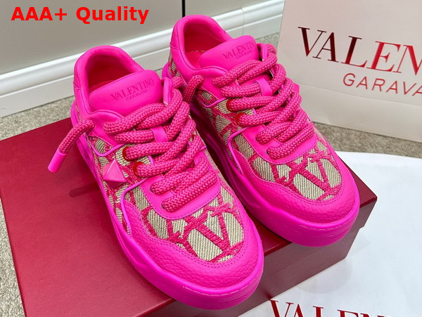 Valentino One Stud XL Low Top Sneaker in Nappa Leather and Toile Iconographe Fabric Pink PP Replica