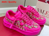 Valentino One Stud XL Low Top Sneaker in Nappa Leather and Toile Iconographe Fabric Pink PP Replica