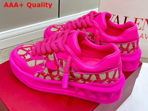 Valentino One Stud XL Low Top Sneaker in Nappa Leather and Toile Iconographe Fabric Pink PP Replica