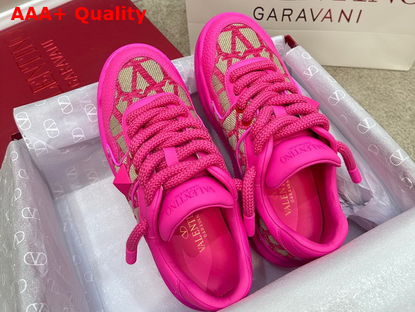 Valentino One Stud XL Low Top Sneaker in Nappa Leather and Toile Iconographe Fabric Pink PP Replica