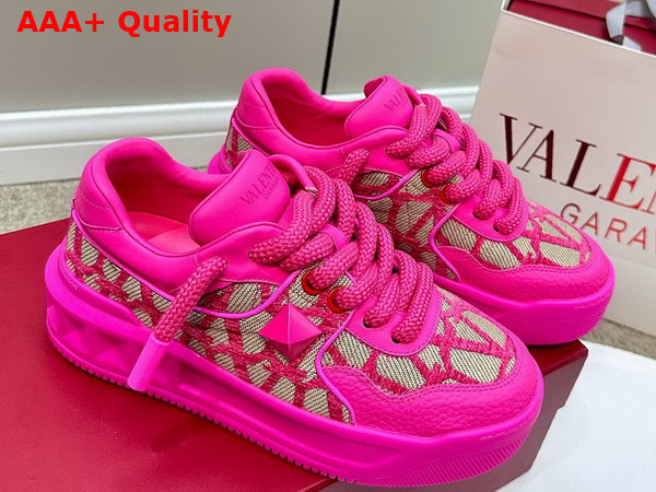 Valentino One Stud XL Low Top Sneaker in Nappa Leather and Toile Iconographe Fabric Pink PP Replica