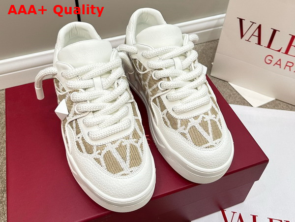 Valentino One Stud XL Low Top Sneaker in Nappa Leather and Toile Iconographe Fabric White Replica