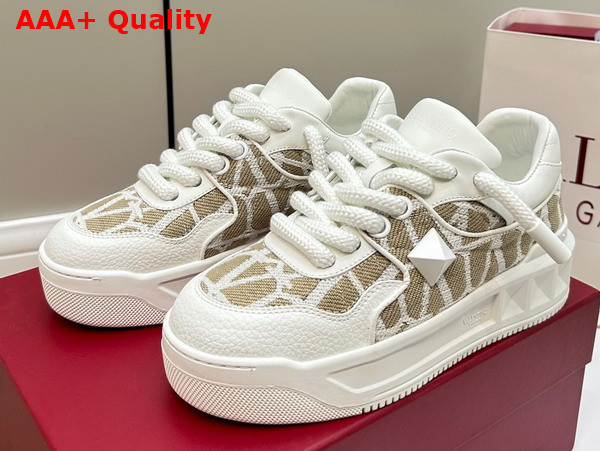 Valentino One Stud XL Low Top Sneaker in Nappa Leather and Toile Iconographe Fabric White Replica