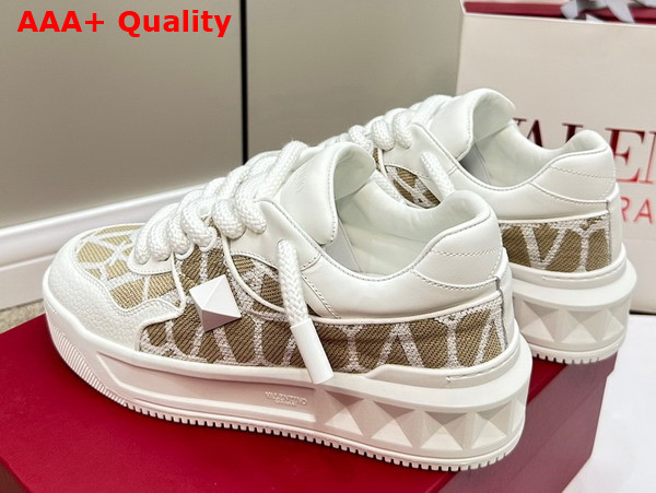 Valentino One Stud XL Low Top Sneaker in Nappa Leather and Toile Iconographe Fabric White Replica