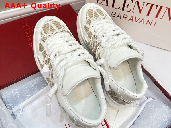 Valentino One Stud XL Low Top Sneaker in Nappa Leather and Toile Iconographe Fabric White Replica