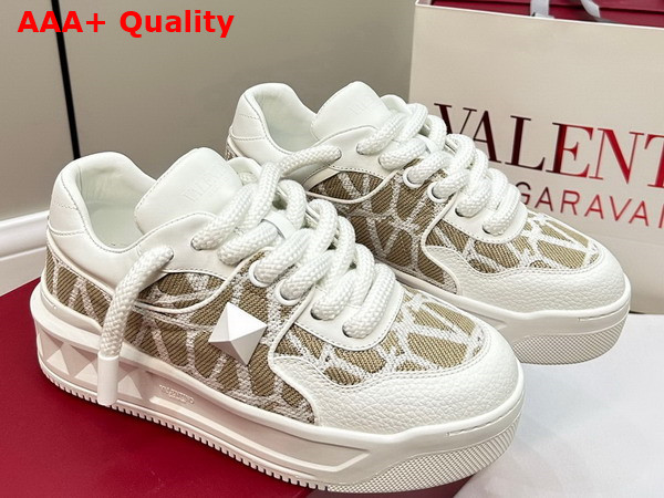 Valentino One Stud XL Low Top Sneaker in Nappa Leather and Toile Iconographe Fabric White Replica