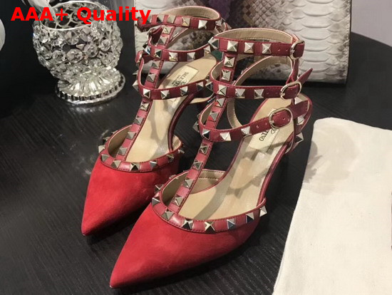 Valentino Rockstud Ankle Strap Pump in Red Suede Replica