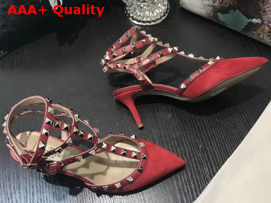 Valentino Rockstud Ankle Strap Pump in Red Suede Replica