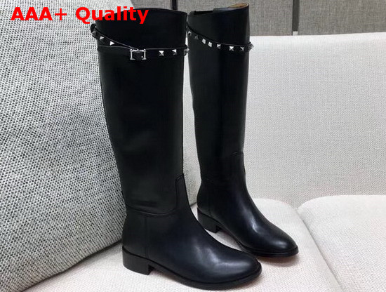 Valentino Rockstud Buckle Strap Knee High Boot Black Calfskin Leather Replica