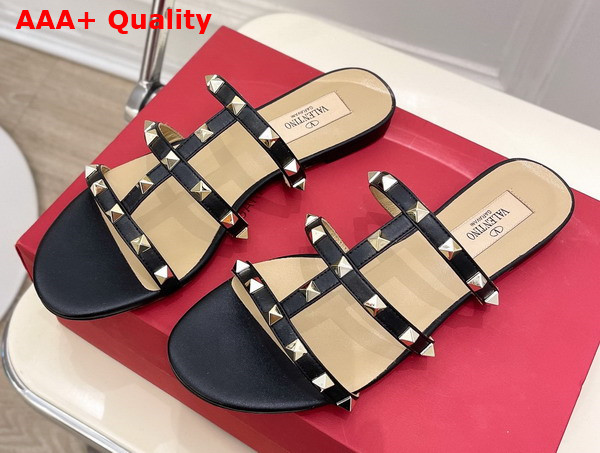 Valentino Rockstud Flat Slide Sandal in Black Calfskin Replica