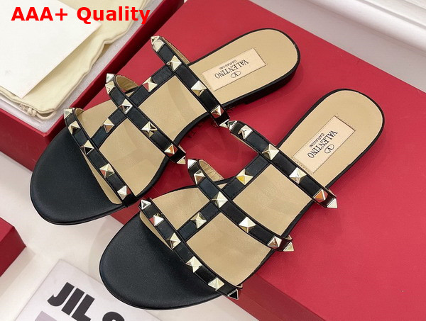 Valentino Rockstud Flat Slide Sandal in Black Calfskin Replica