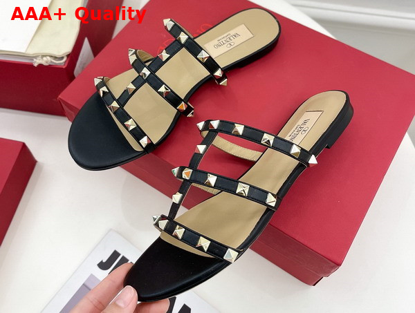 Valentino Rockstud Flat Slide Sandal in Black Calfskin Replica