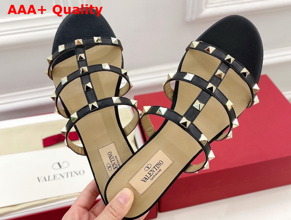 Valentino Rockstud Flat Slide Sandal in Black Calfskin Replica