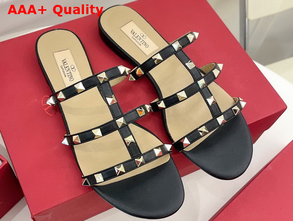 Valentino Rockstud Flat Slide Sandal in Black Calfskin Replica