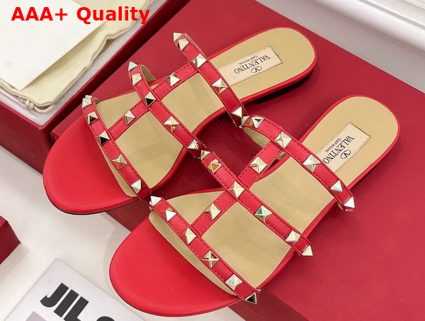 Valentino Rockstud Flat Slide Sandal in Red Calfskin Replica