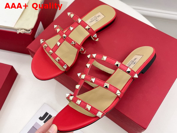 Valentino Rockstud Flat Slide Sandal in Red Calfskin Replica