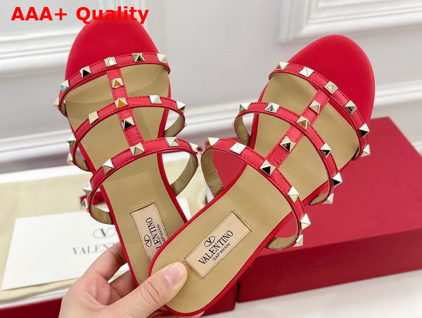 Valentino Rockstud Flat Slide Sandal in Red Calfskin Replica