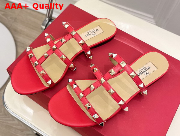 Valentino Rockstud Flat Slide Sandal in Red Calfskin Replica