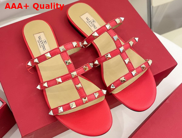 Valentino Rockstud Flat Slide Sandal in Red Calfskin Replica