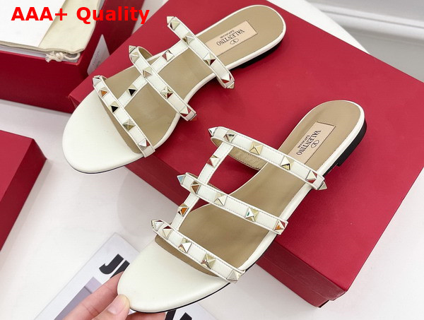 Valentino Rockstud Flat Slide Sandal in White Calfskin Replica