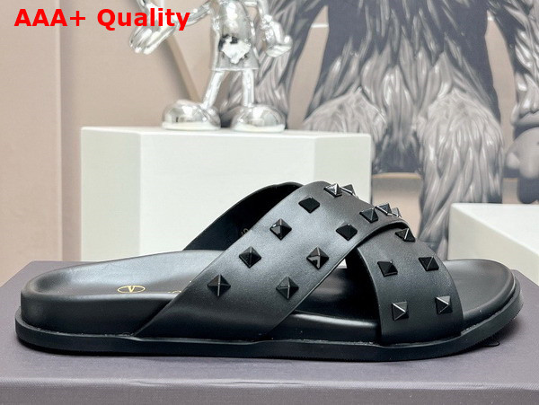 Valentino Rockstud Leather Slider Sandal in Black for Men Replica