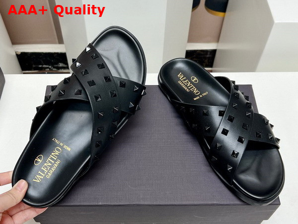 Valentino Rockstud Leather Slider Sandal in Black for Men Replica