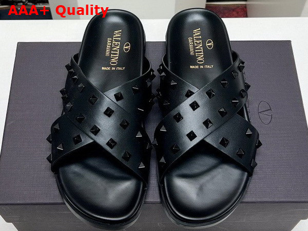 Valentino Rockstud Leather Slider Sandal in Black for Men Replica