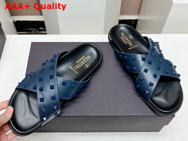 Valentino Rockstud Leather Slider Sandal in Blue for Men Replica