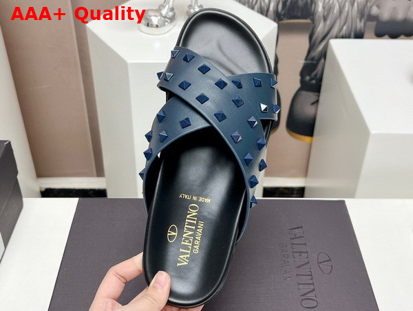 Valentino Rockstud Leather Slider Sandal in Blue for Men Replica