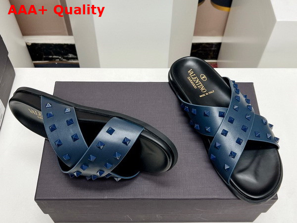 Valentino Rockstud Leather Slider Sandal in Blue for Men Replica