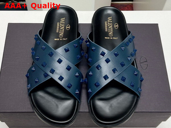 Valentino Rockstud Leather Slider Sandal in Blue for Men Replica