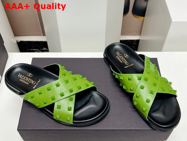 Valentino Rockstud Leather Slider Sandal in Green for Men Replica