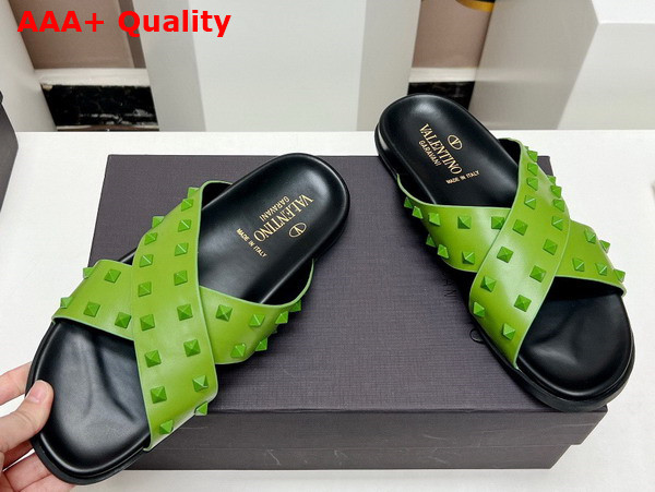 Valentino Rockstud Leather Slider Sandal in Green for Men Replica