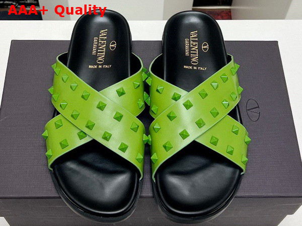 Valentino Rockstud Leather Slider Sandal in Green for Men Replica