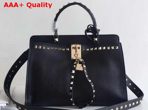 Valentino Rockstud Lock Tote in Black Grained Calfskin Replica