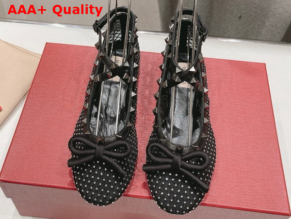 Valentino Rockstud Mesh Ballerina with Crystals and Matching Studs in Black Replica