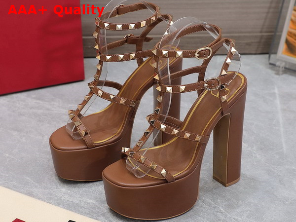 Valentino Rockstud Platform Sandal in Brown Calfskin Replica