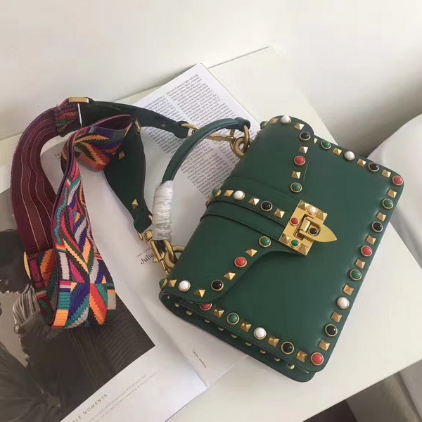 Valentino Rockstud Rolling Single Handle Bag in Green Cowhide Leather For Sale