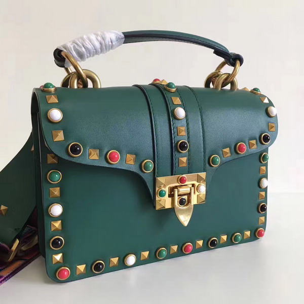 Valentino Rockstud Rolling Single Handle Bag in Green Cowhide Leather For Sale