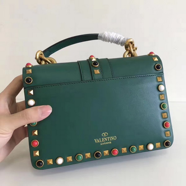 Valentino Rockstud Rolling Single Handle Bag in Green Cowhide Leather For Sale