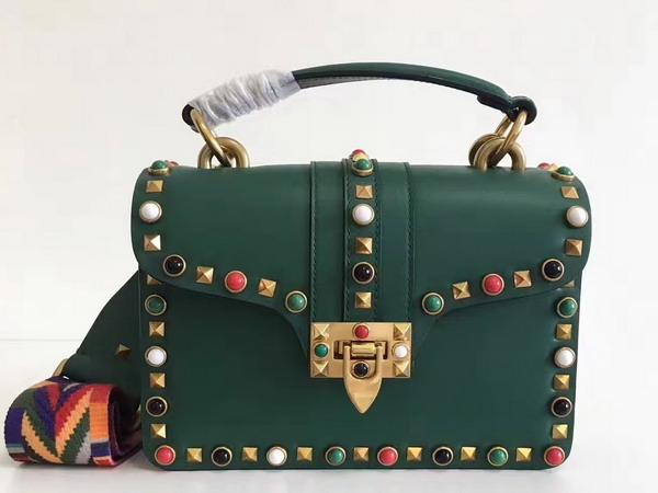 Valentino Rockstud Rolling Single Handle Bag in Green Cowhide Leather For Sale