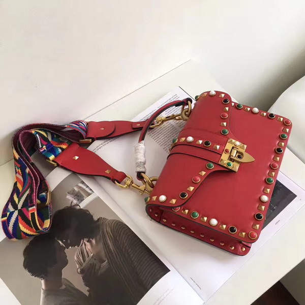 Valentino Rockstud Rolling Single Handle Bag in Red Cowhide Leather For Sale