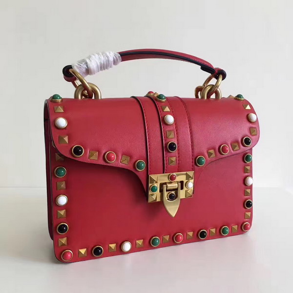 Valentino Rockstud Rolling Single Handle Bag in Red Cowhide Leather For Sale