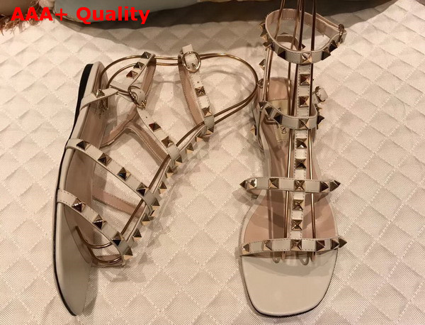 Valentino Rockstud Sandal in Beige Calfskin Leather with Gold Hardware Replica