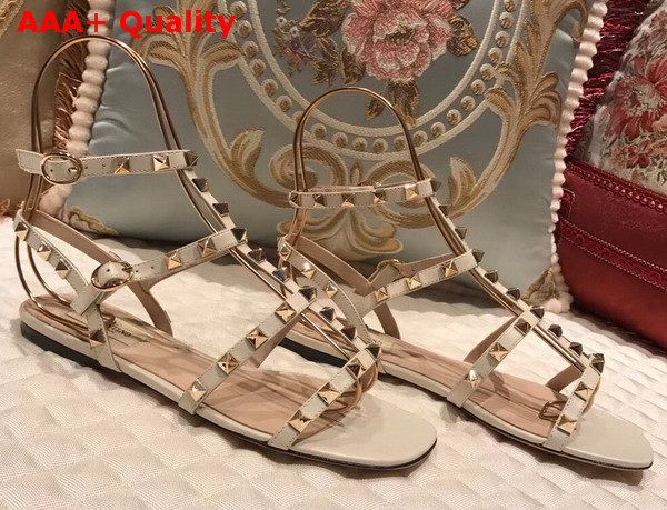 Valentino Rockstud Sandal in Beige Calfskin Leather with Gold Hardware Replica